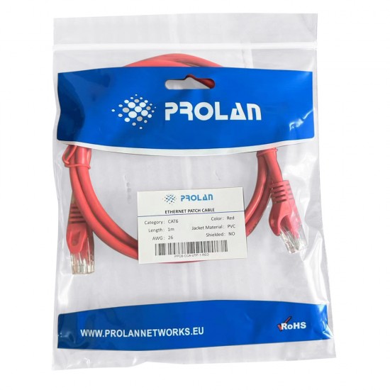 PROLAN Red CAT6 1m Patch Cord UTP, 26AWG, CU, PVC