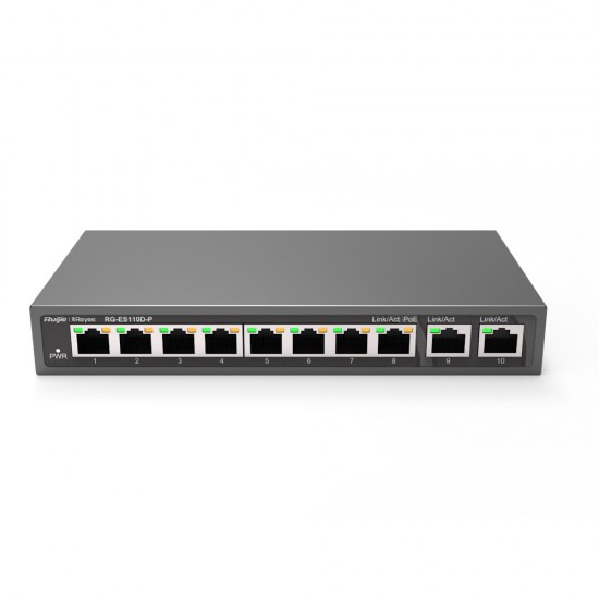 Reyee 8-Port PoE Desktop Unmanaged Metal Switch (8x 10/100Mbps, 2x GE, 110W) (RG-ES110D-P)