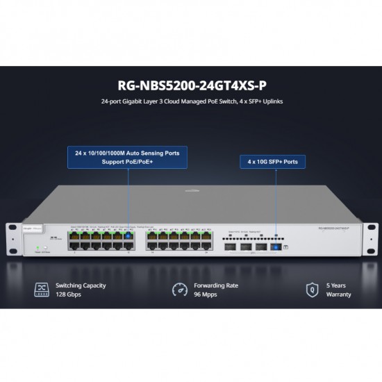 RG-NBS5200-24GT4XS-P, 24-port Gigabit Layer 3 PoE Switch, 4 SFP+ Uplink