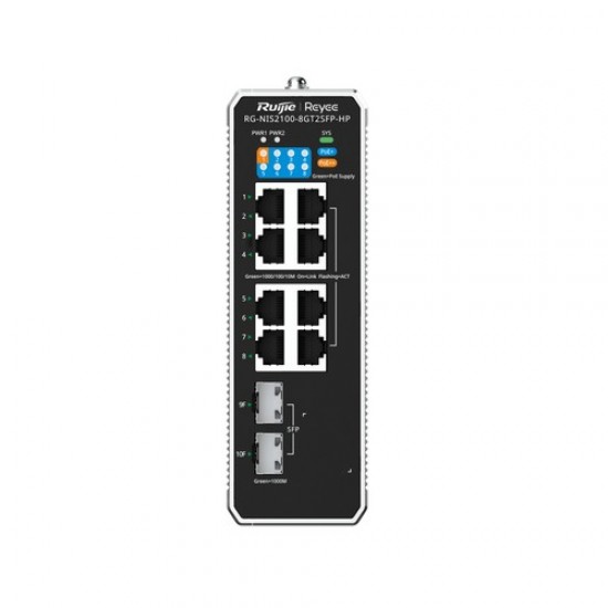 RG-NIS2100-8GT2SFP-HP, 10-Port Cloud Managed Industrial Switch, with 1 x PoE++ Port, 7 x PoE+ Ports, and 2 x SFP Uplink Ports